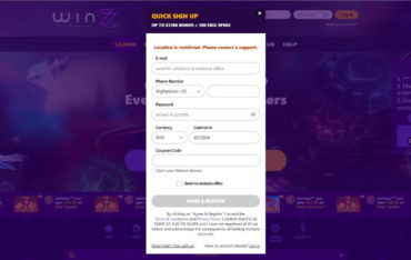Sign Up at Winzz Casino