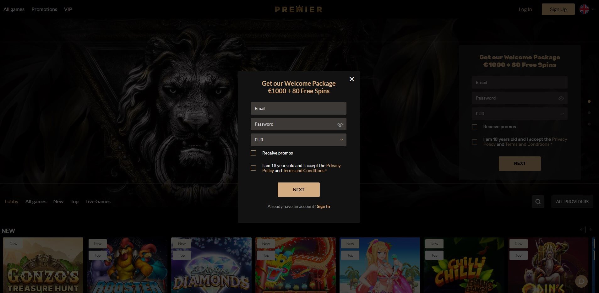 Sign Up at Premier Casino