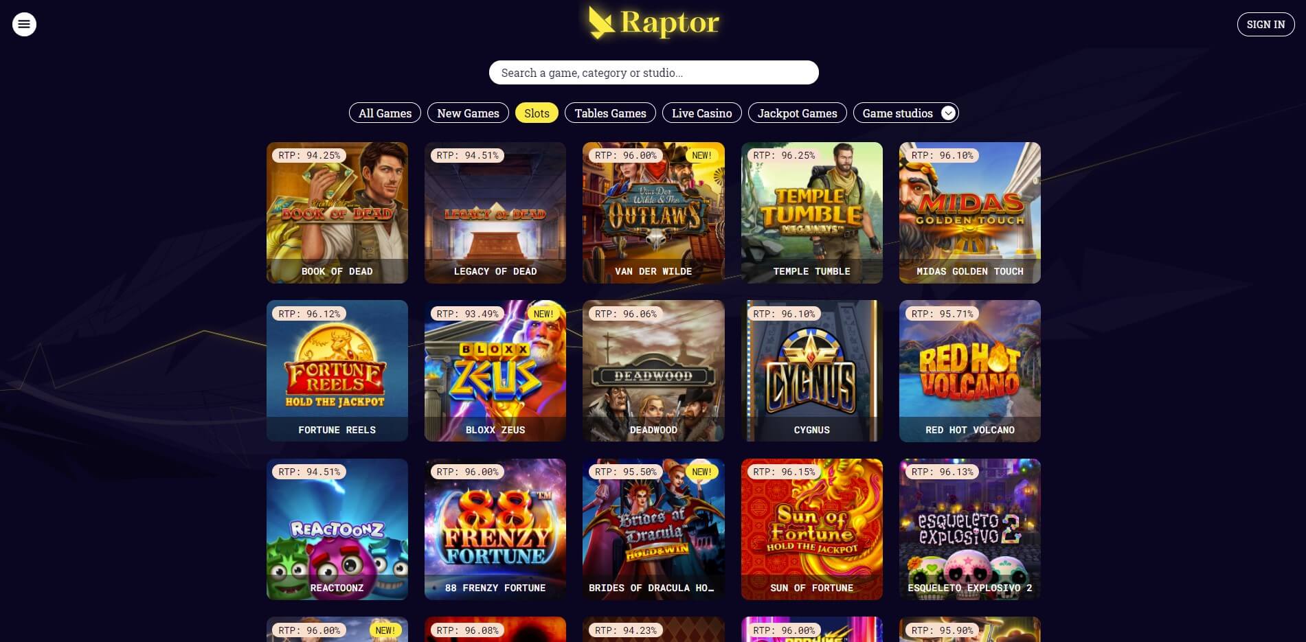 Games at Raptor Casino