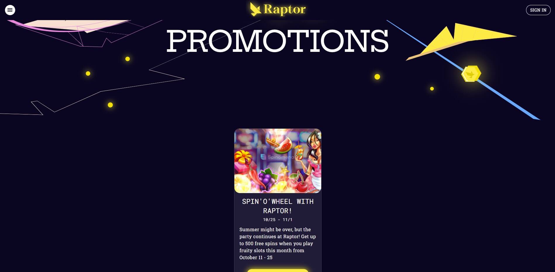 Promotions at Raptor Casino