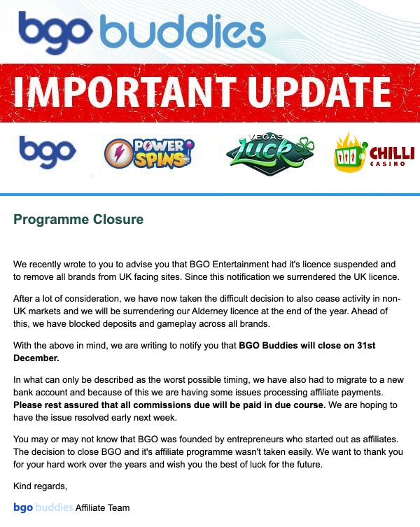 BGO affiliates closure notification