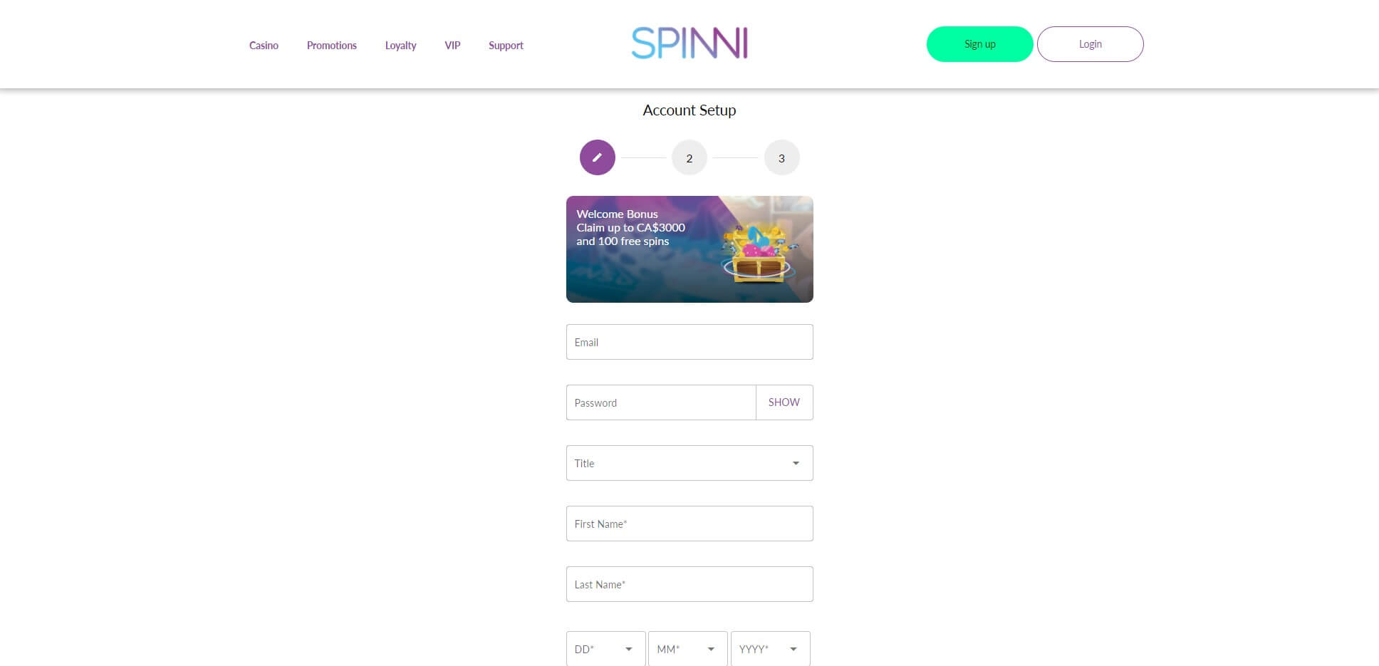 Sign Up at Spinni Casino