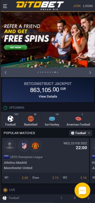 DitoBet Casino - Mobile Version