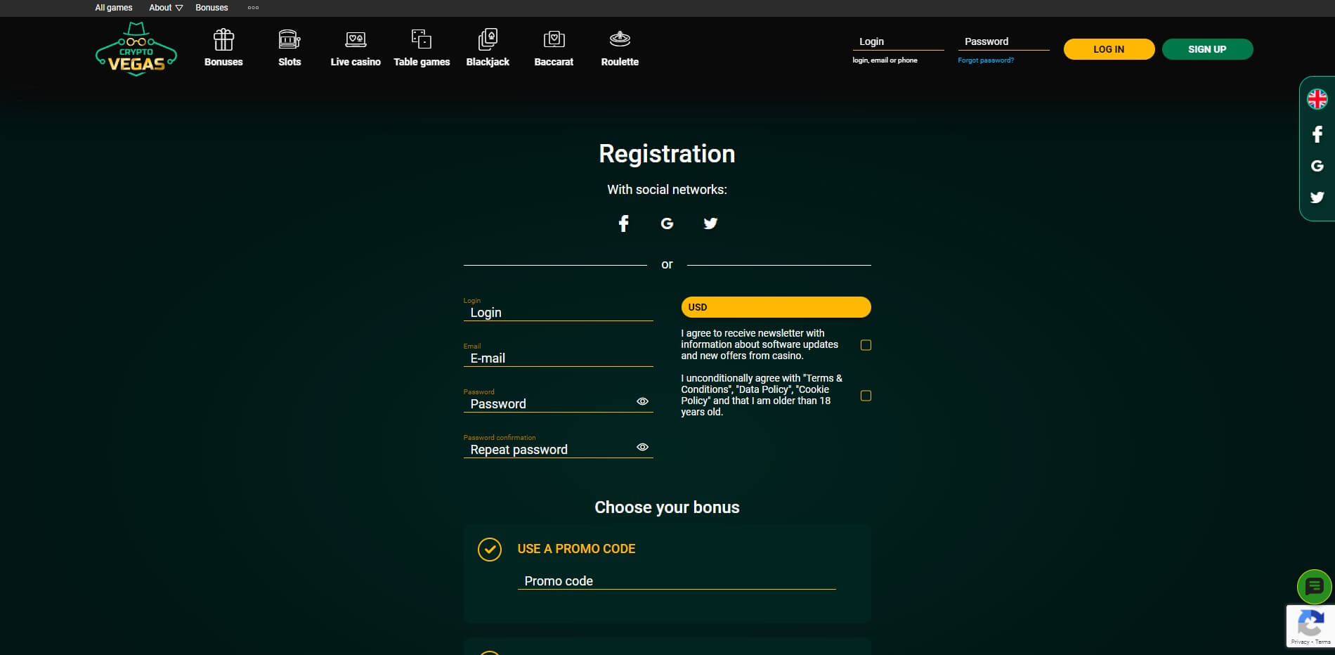 Sign Up at CryptoVegas Casino