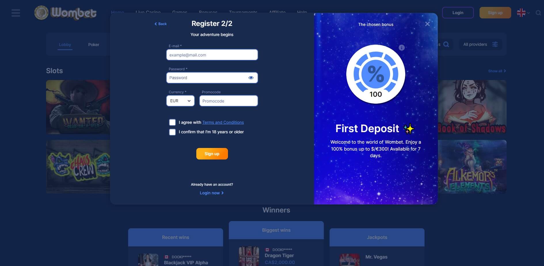 SignUp at WomBet Casino