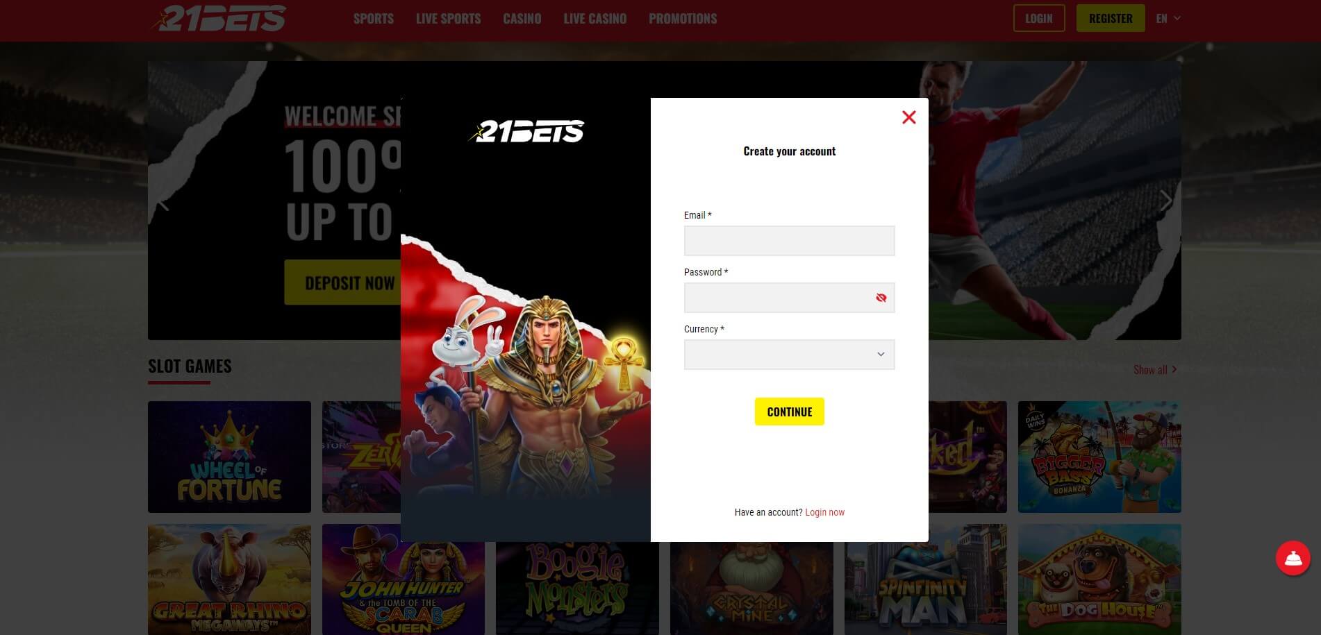 Creat your account at 21Bet Casino