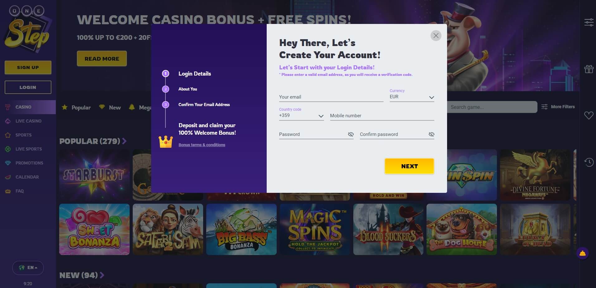 SignUp at OneStep Casino