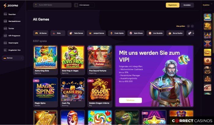 Zoome Auswahl der Spiele