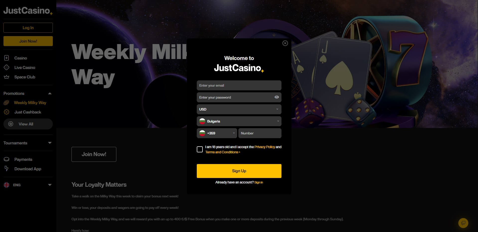 Sign Up at Just Casino