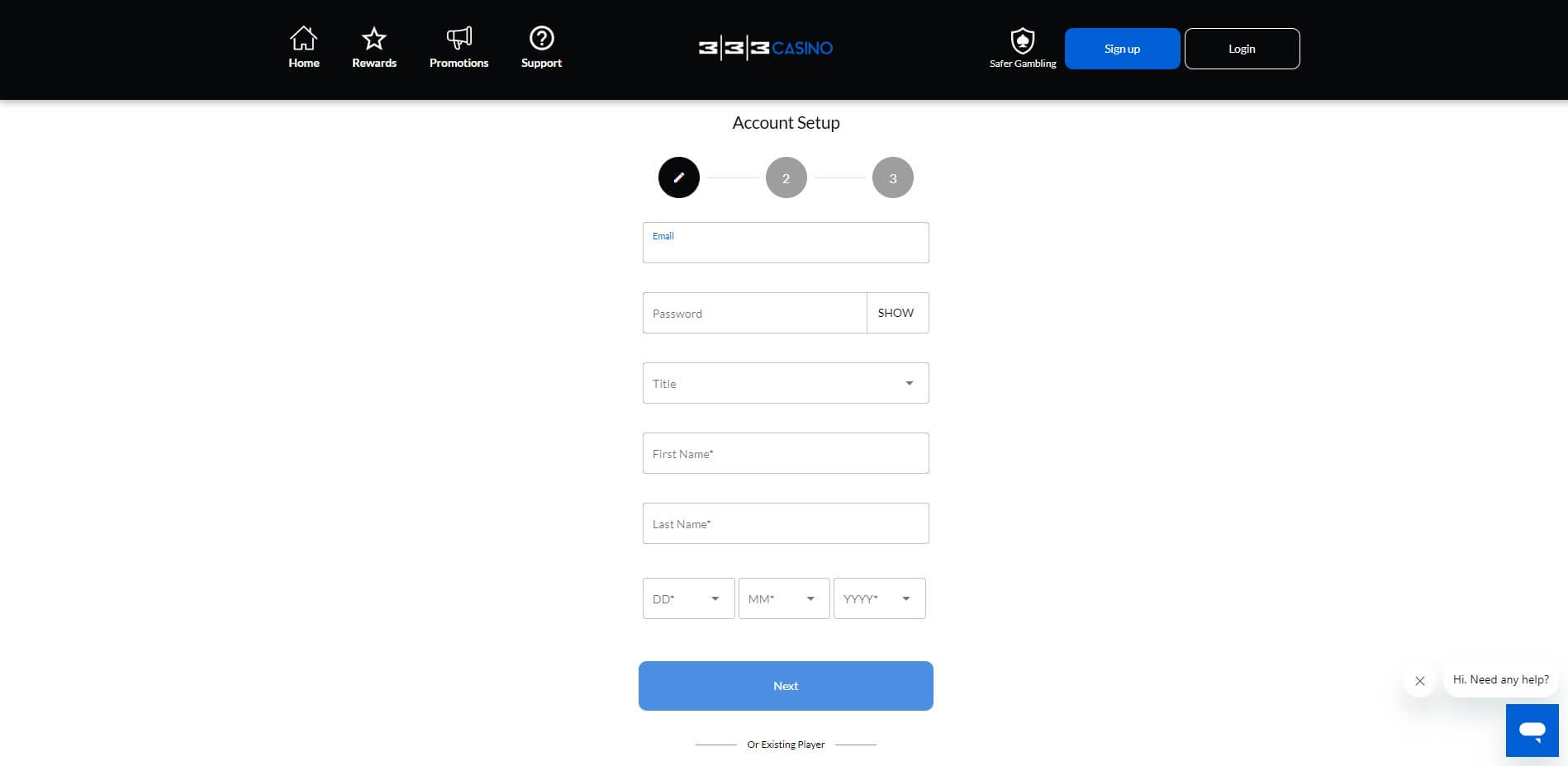 Sign Up at 333 Casino