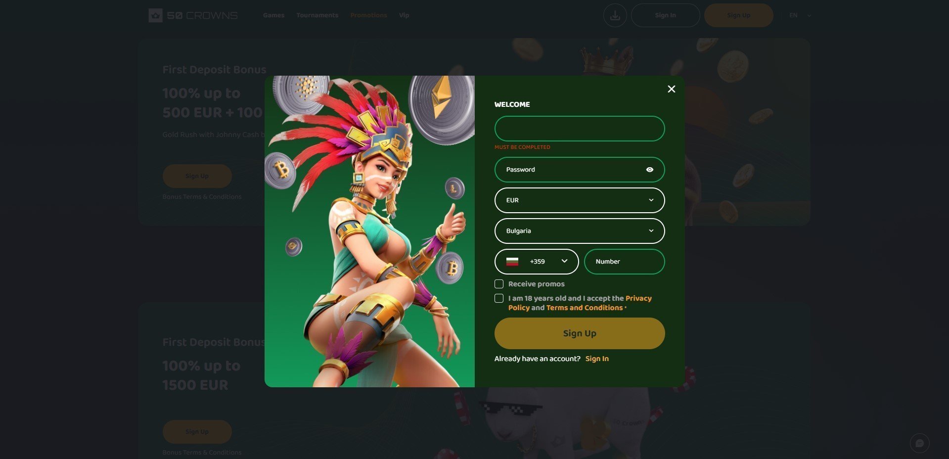 Sign Up at 50 Crowns Casino