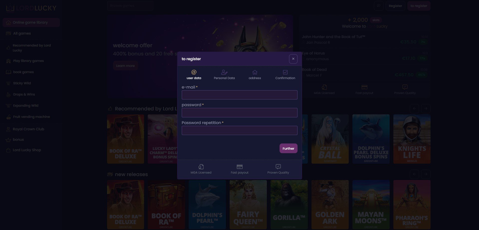 Sign Up at Lord Lucky Casino