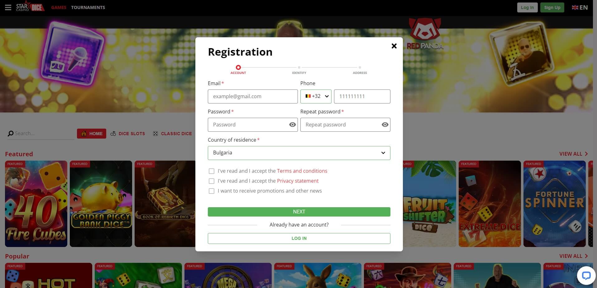 Sign Up at StarCasinoDice Casino