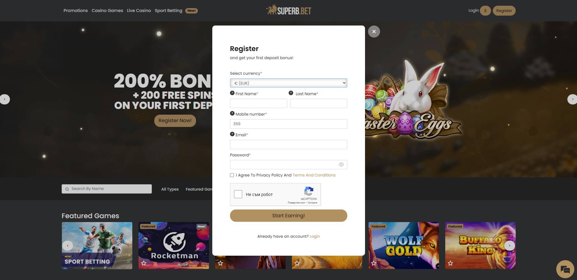 Sign Up at SuperbBet Casino