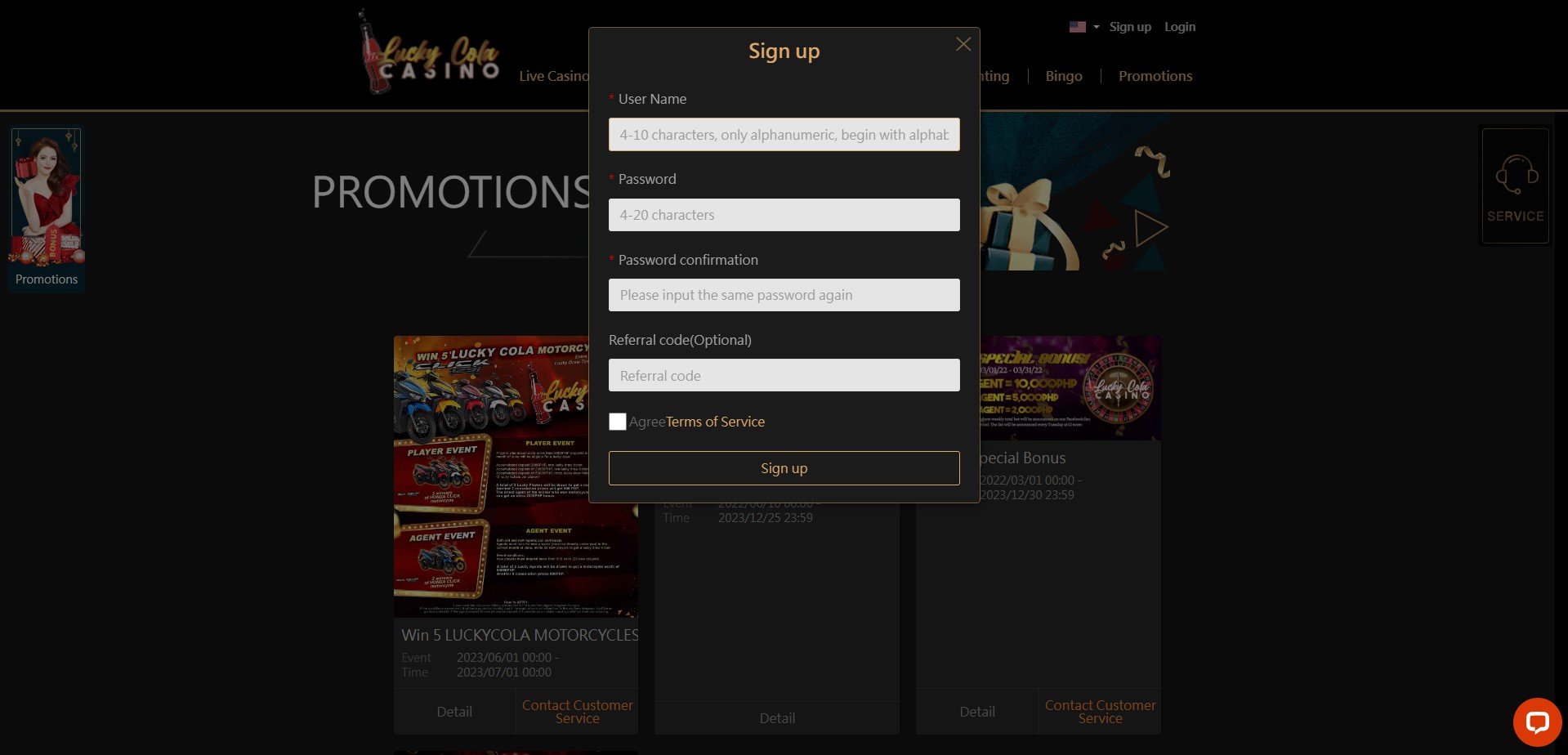 Sign Up at LuckyCola Casino