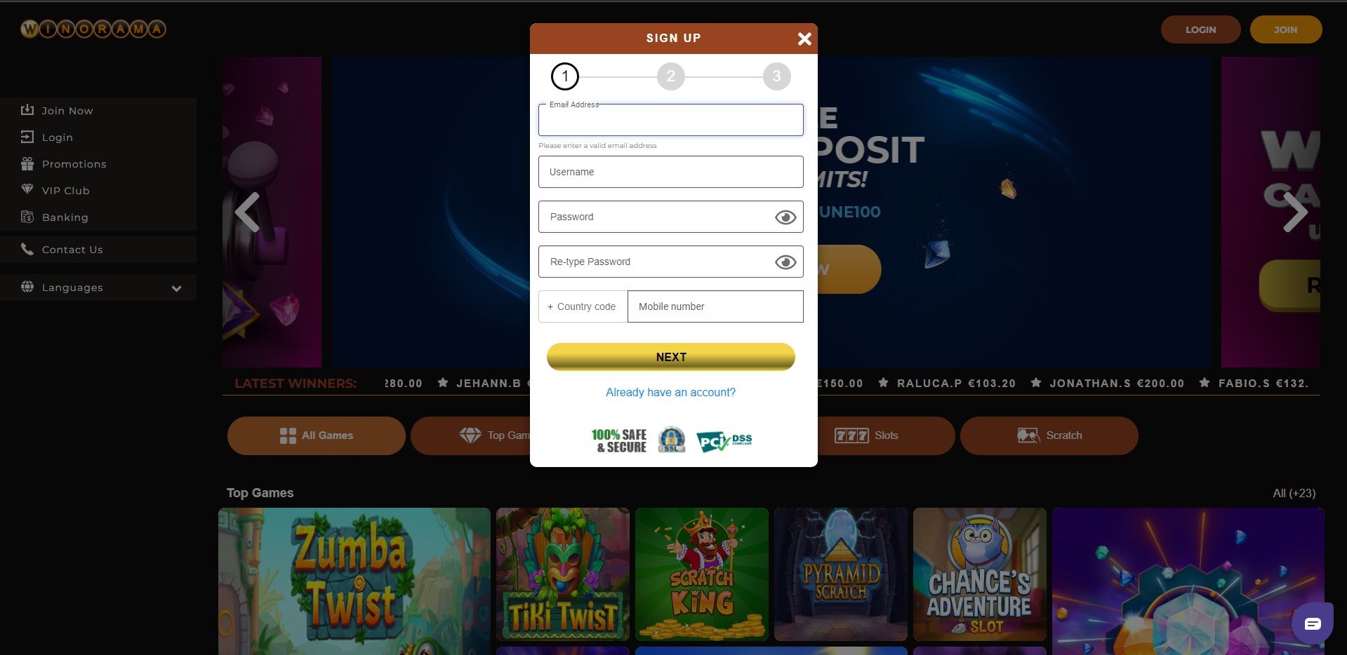 Registrazione a Winorama Casino