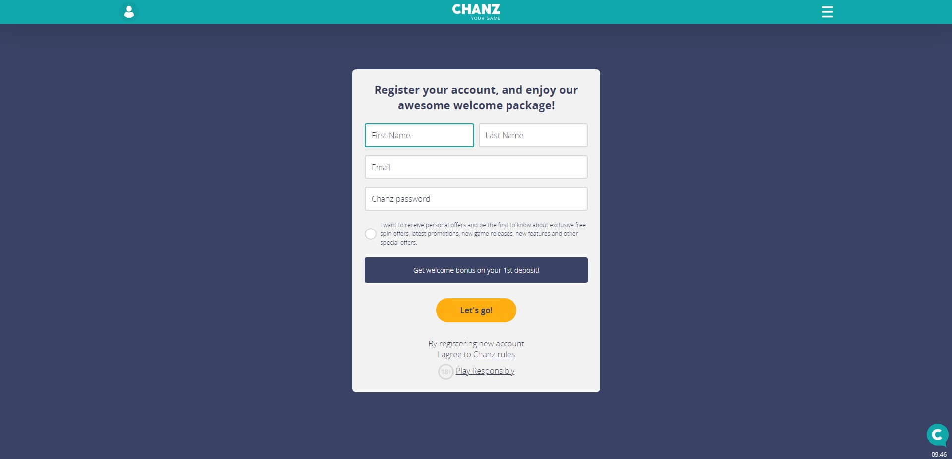 Sign Up at Chanz Casino