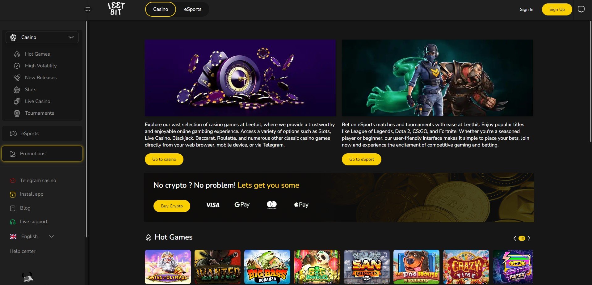 Homepage at Leetbit Casino