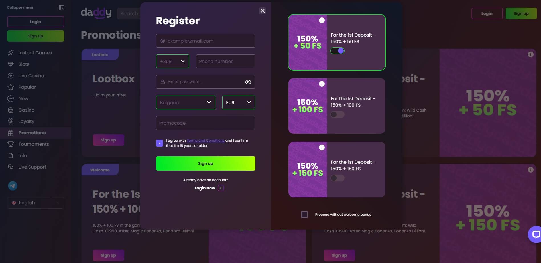 Sign Up at Daddy Casino