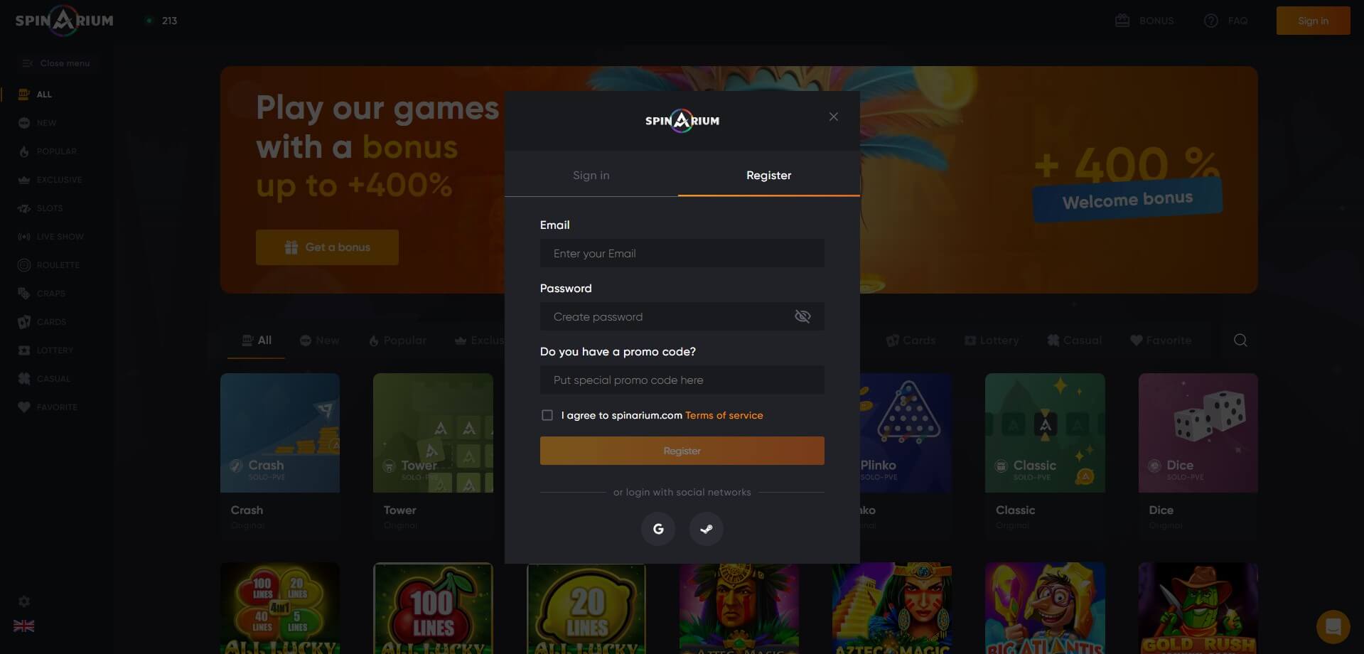 Sign Up at Spinarium Casino