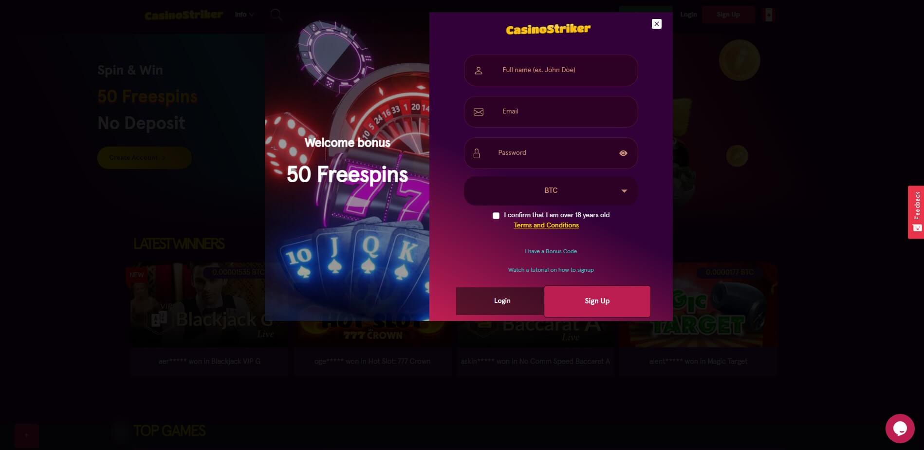Sign up at Casino Striker