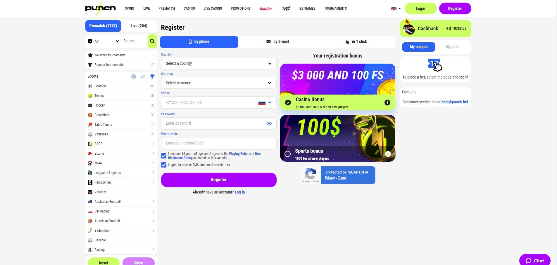 Sign Up at Punch.bet Casino