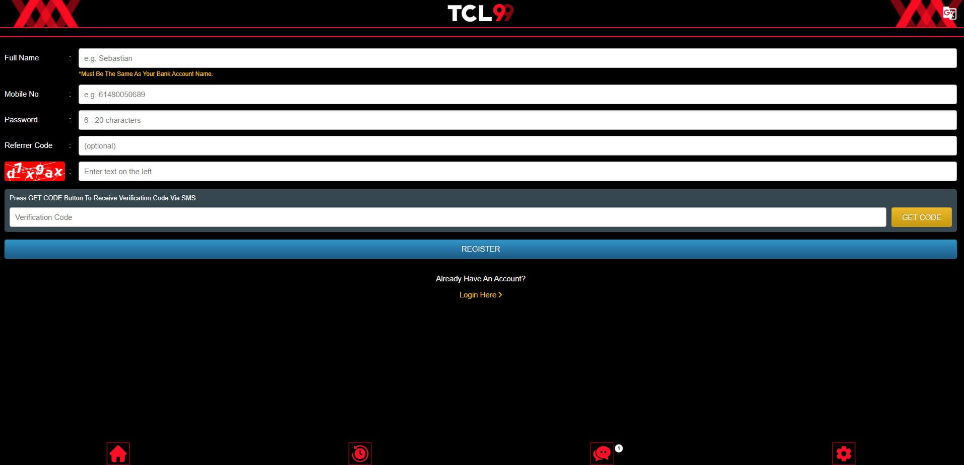 Sign Up at TCL99 Casino