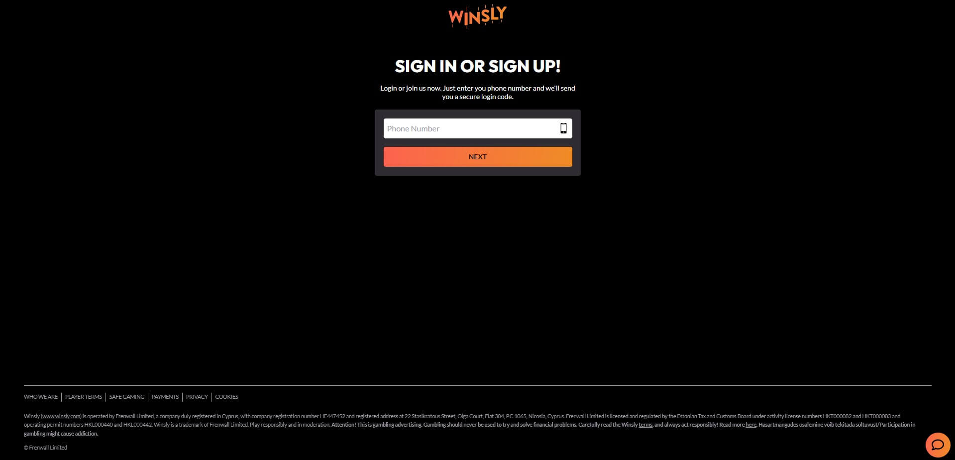 Sign Up at Winsly Casino