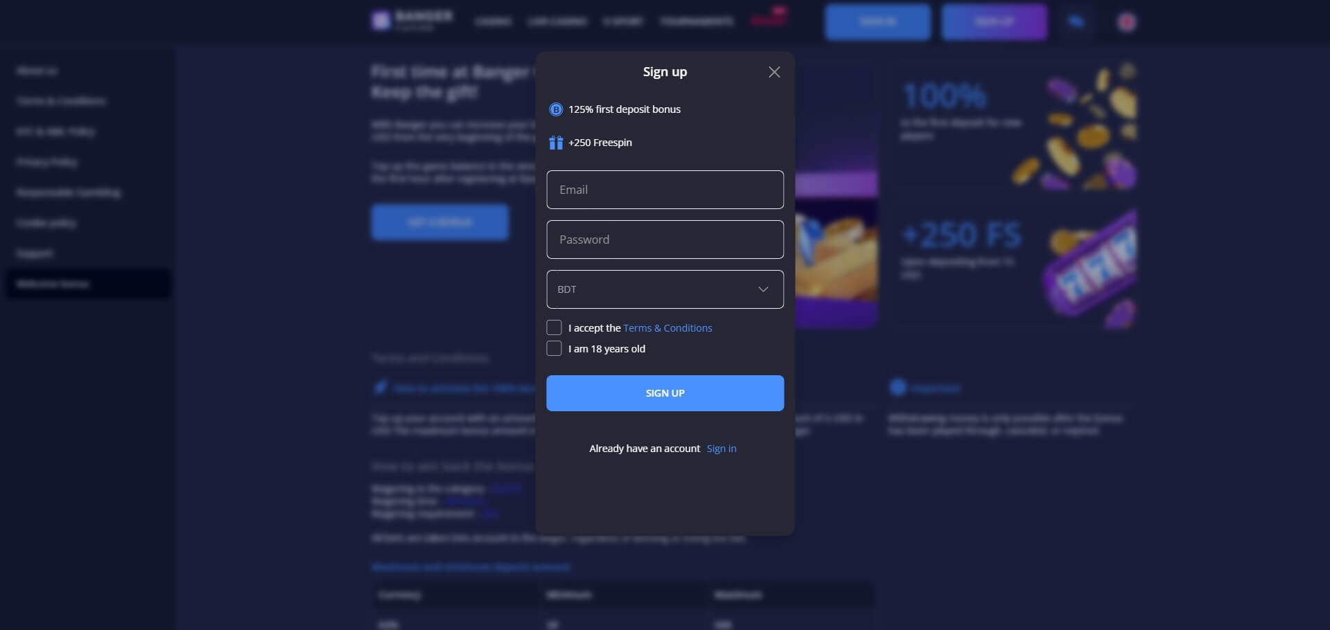 Sign Up at Banger Casino