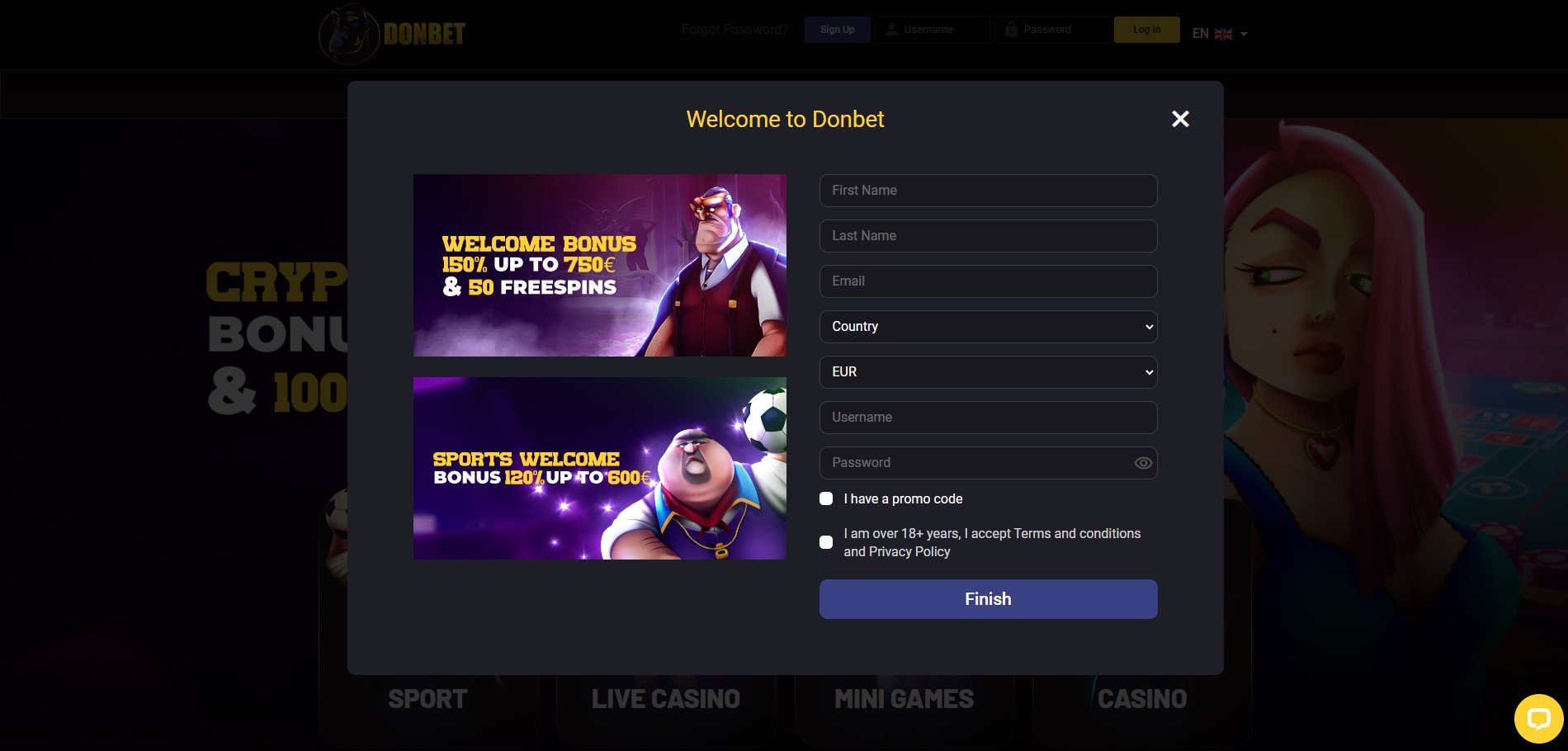 Sign Up at Donbet Casino