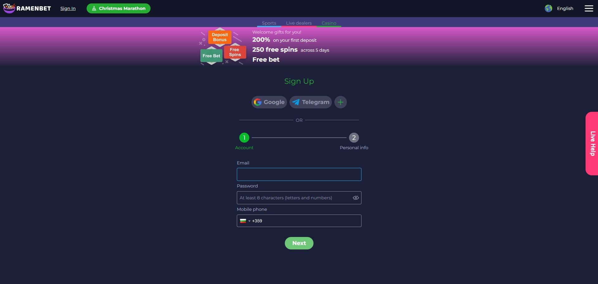 Sign Up at RamenBet Casino