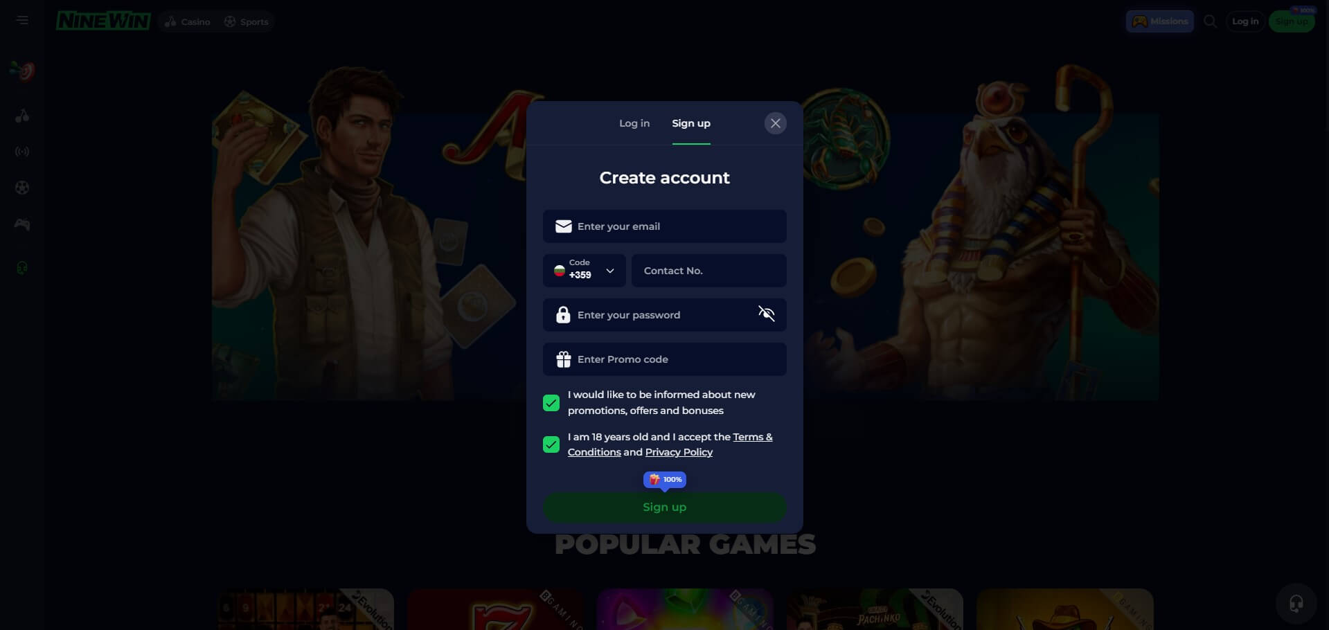 Sign Up at NineWin Casino