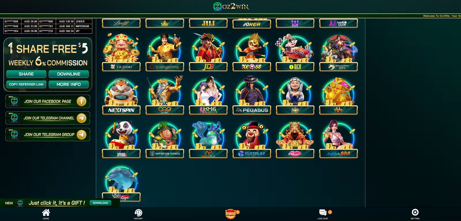 Oz2Win Casino Games