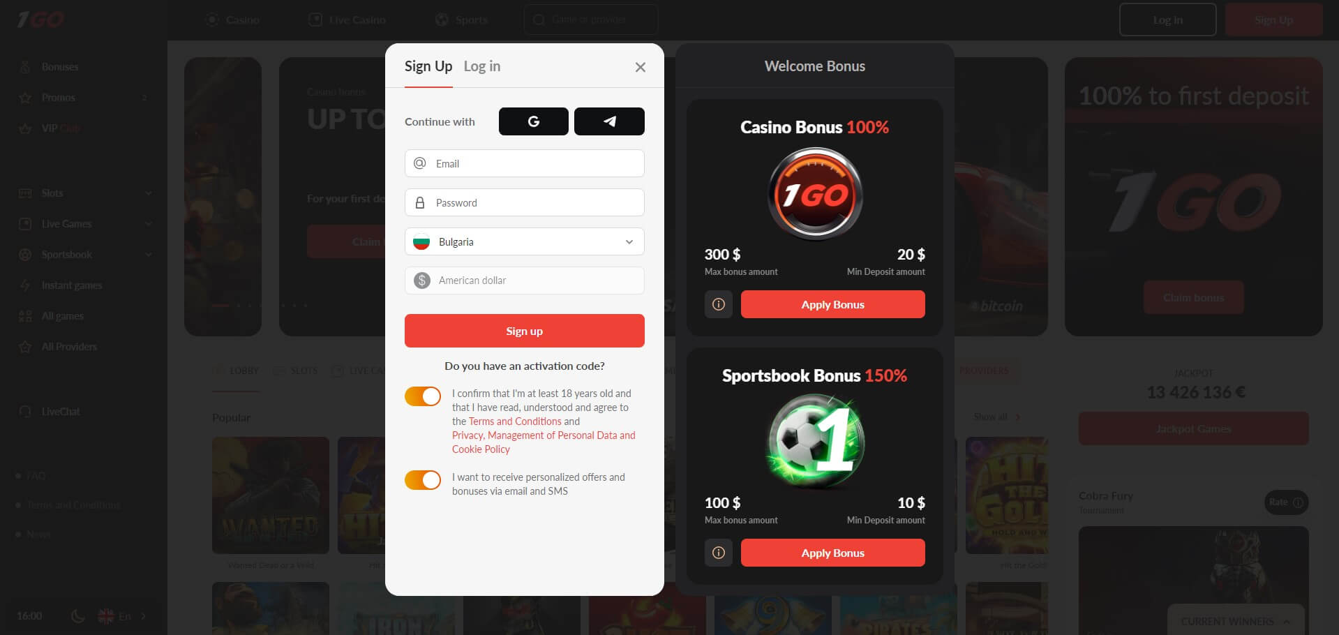 Sign Up at 1Go Casino