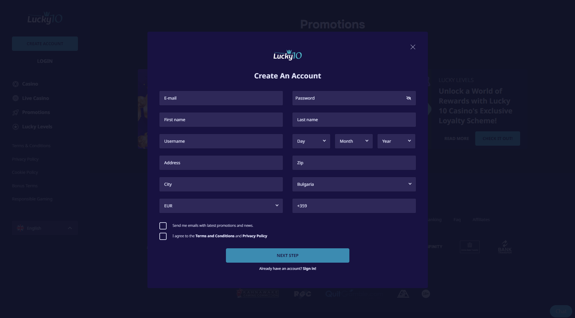 Sign Up at Lucky10 Casino