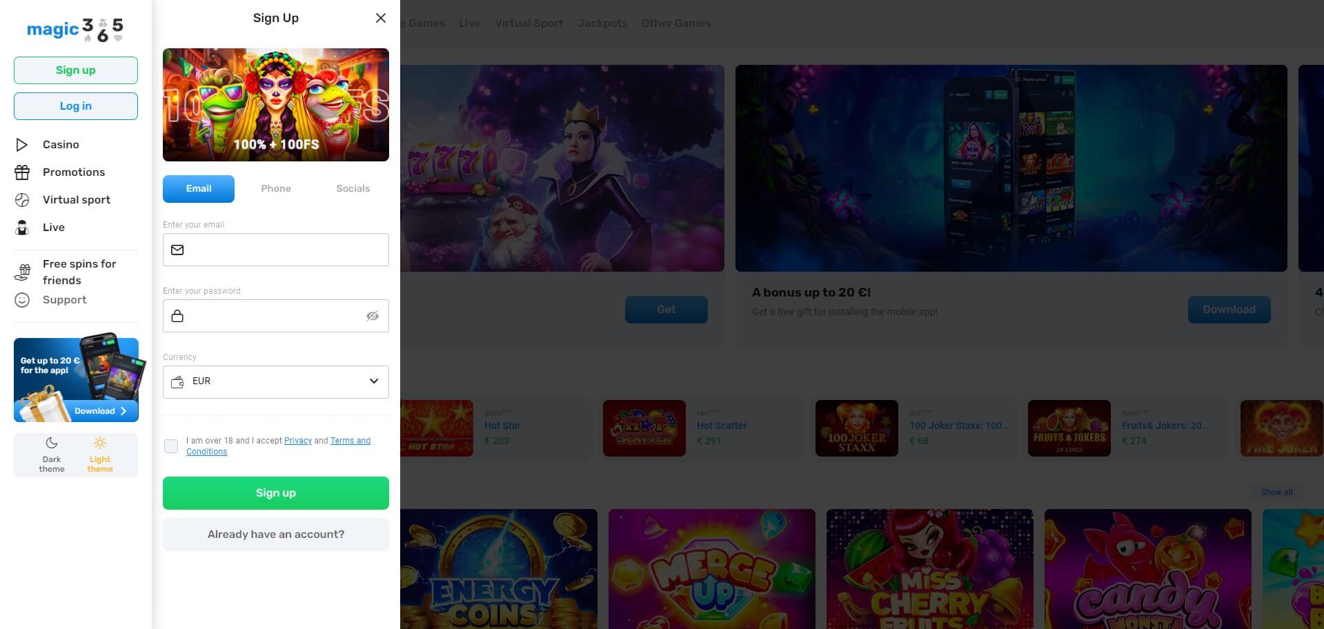Sign Up at Magic365 Casino