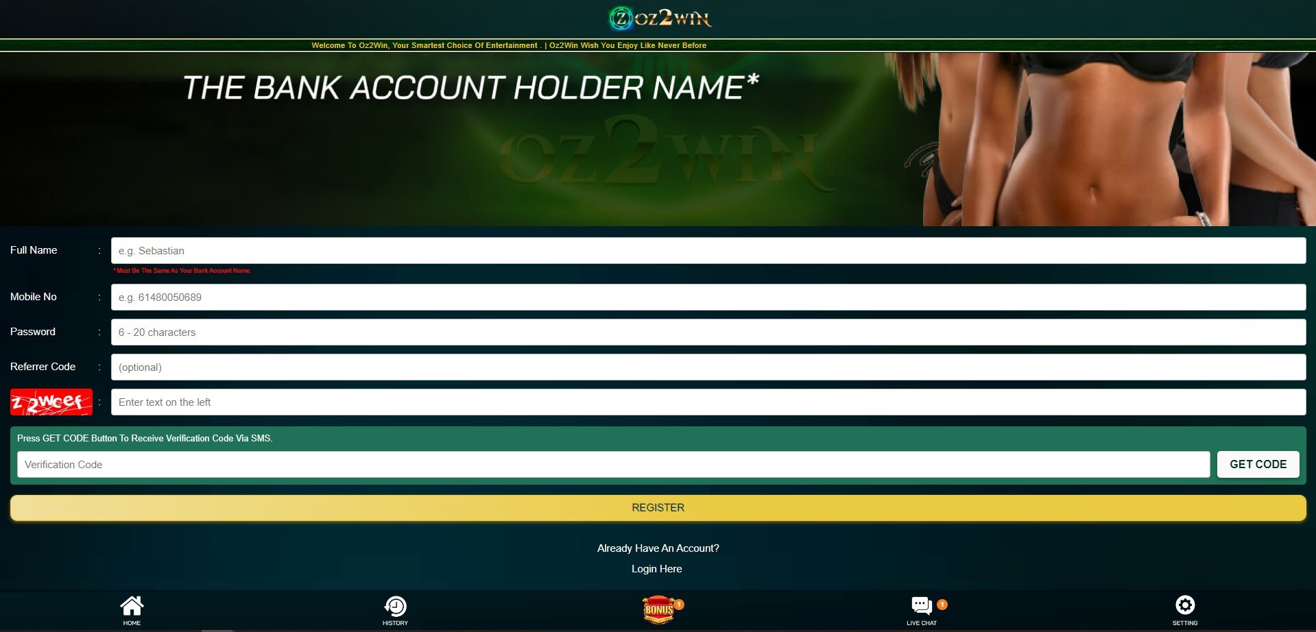 Sign Up at Oz2Win Casino