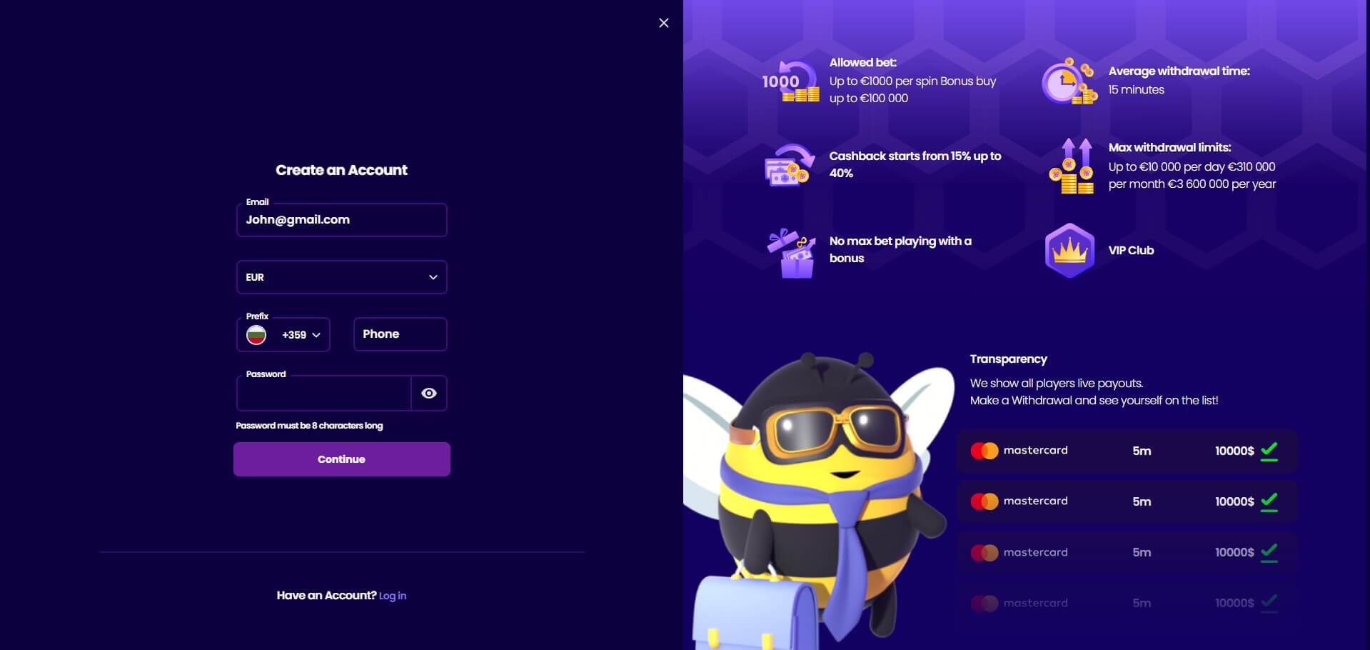 Sign Up at WazBee Casino