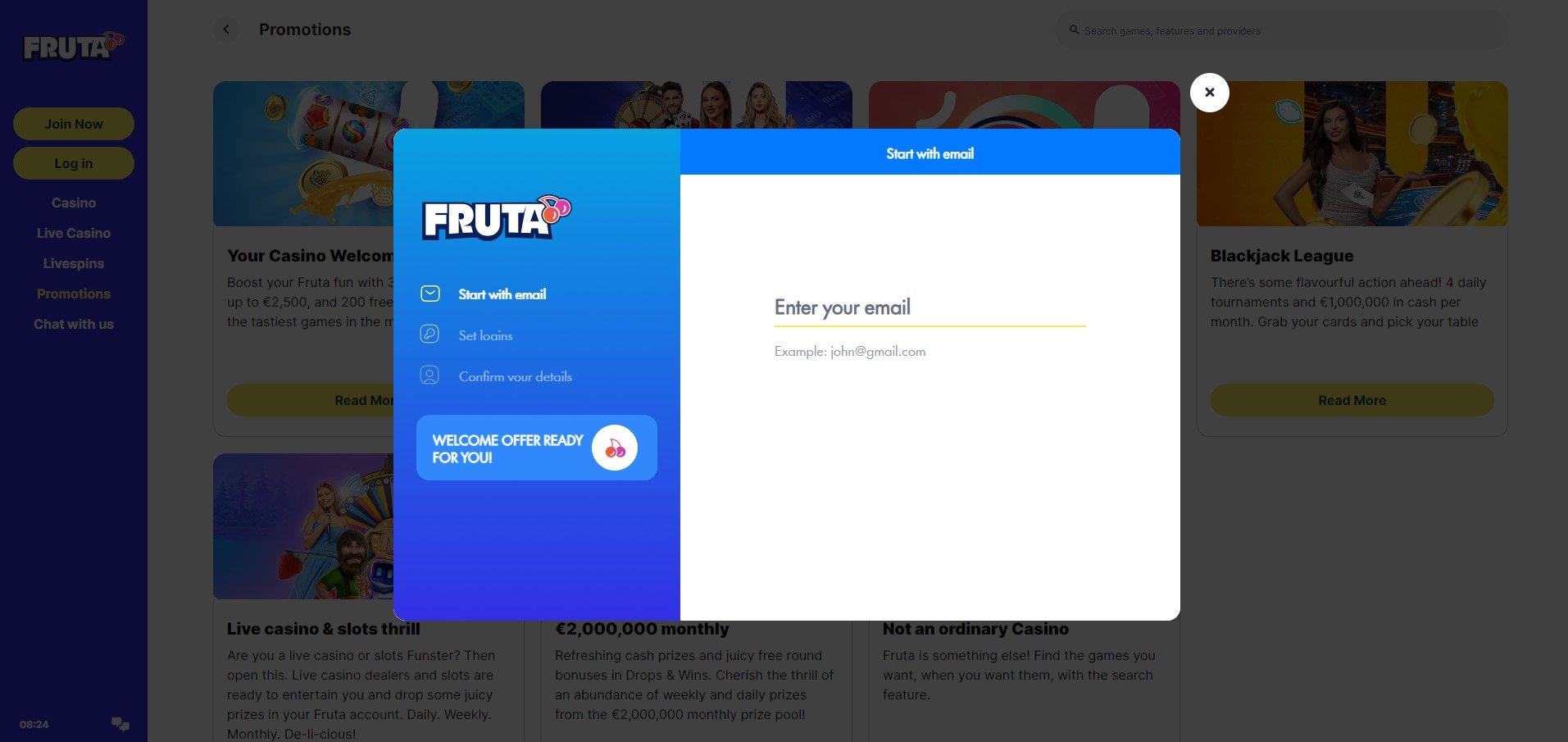 Sign Up at Fruta Casino