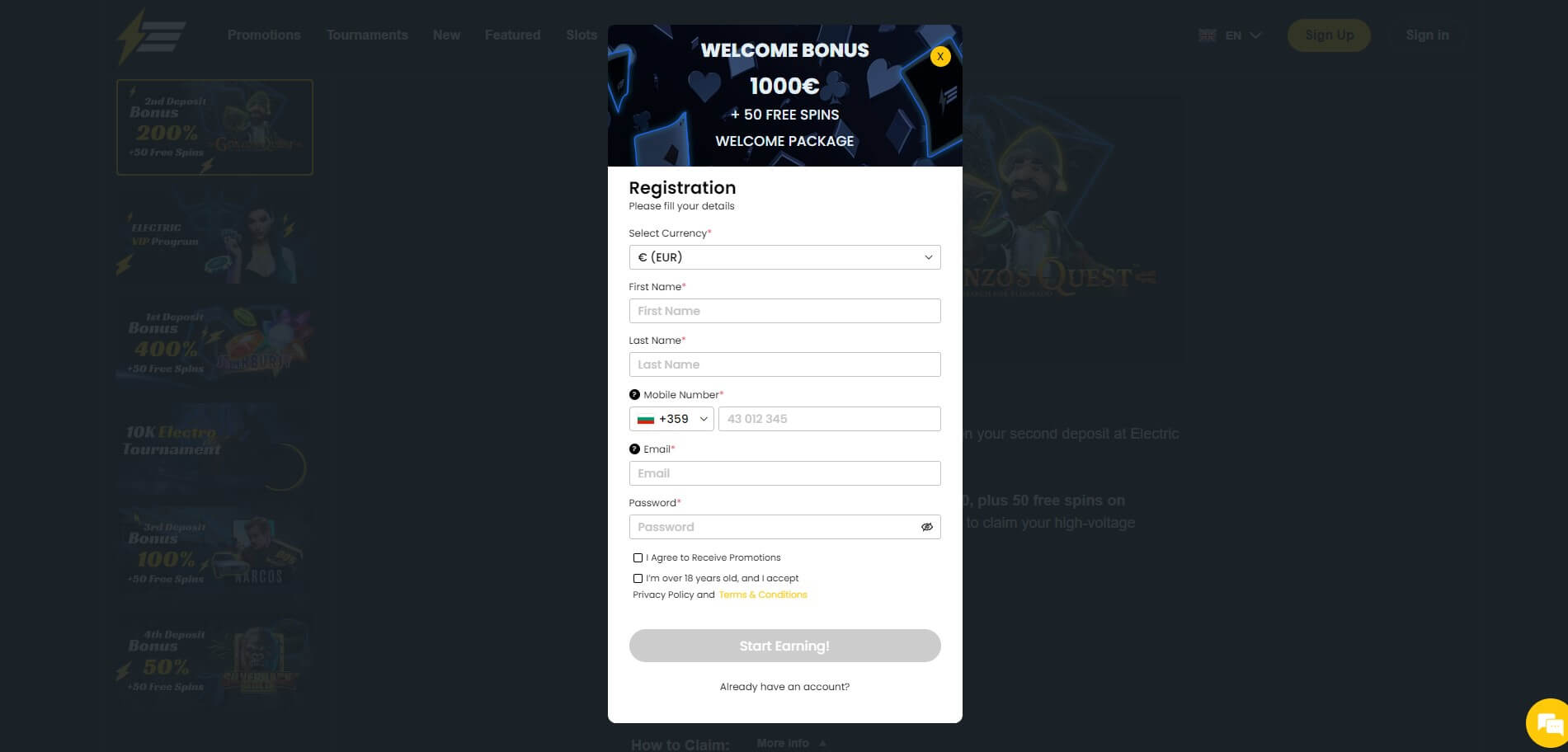 ElectricWins Casino Sign Up