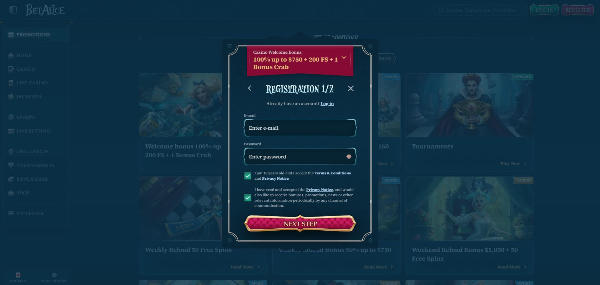 BetAlice Casino Sign Up