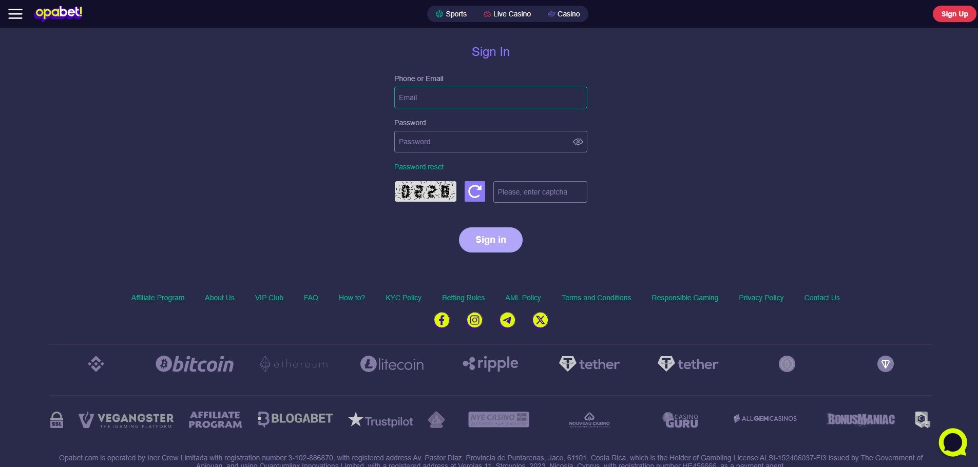 OpaBet Casino Sign Up