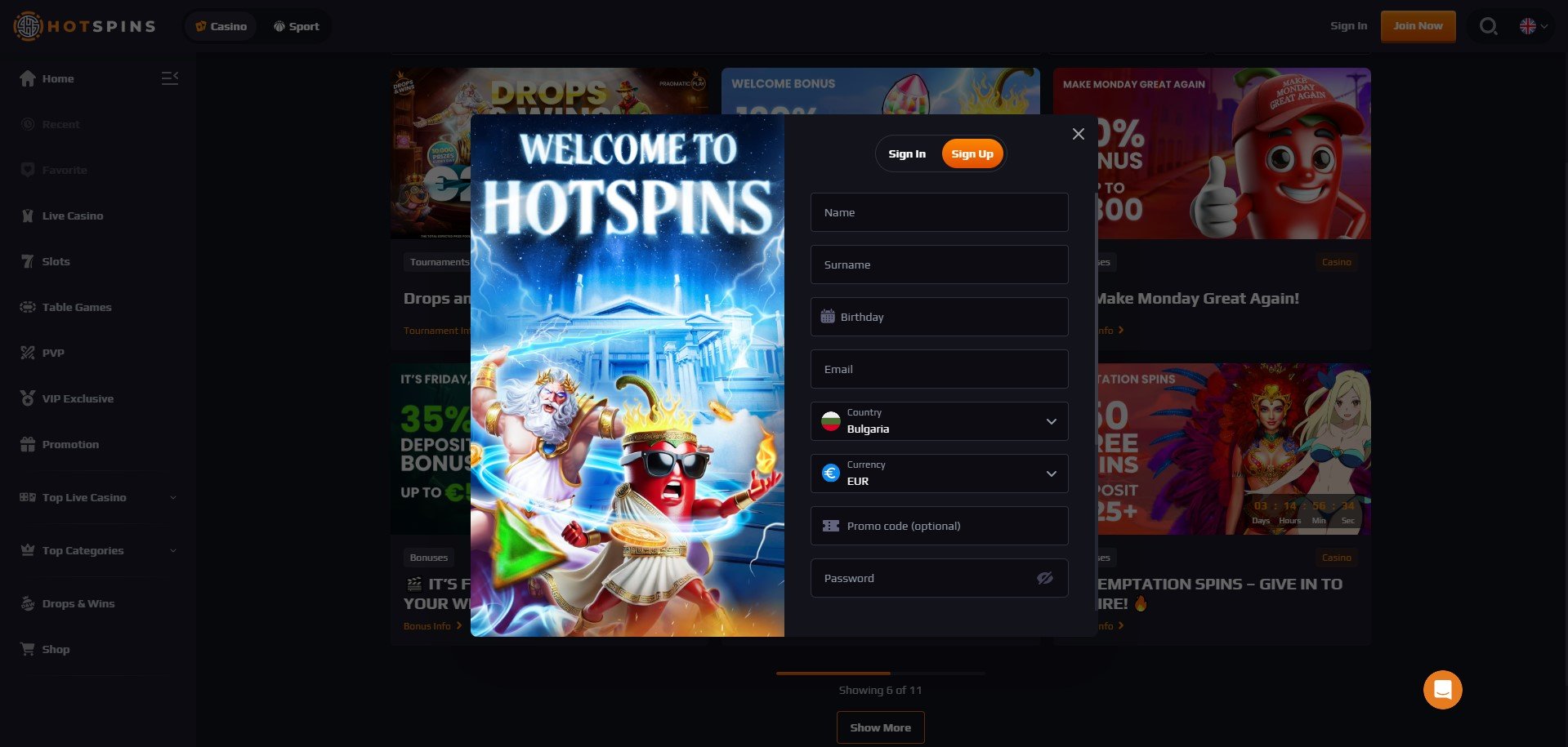 HotSpins.io Casino Sign Up