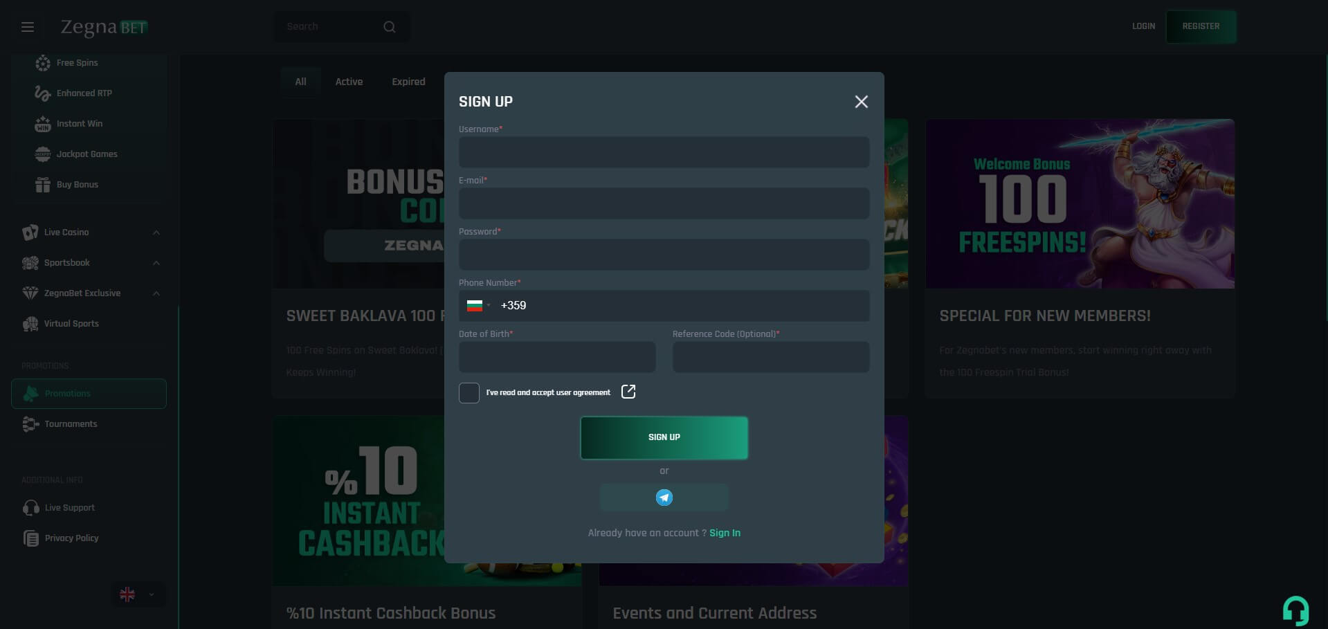 ZegnaBet Casino Sign Up