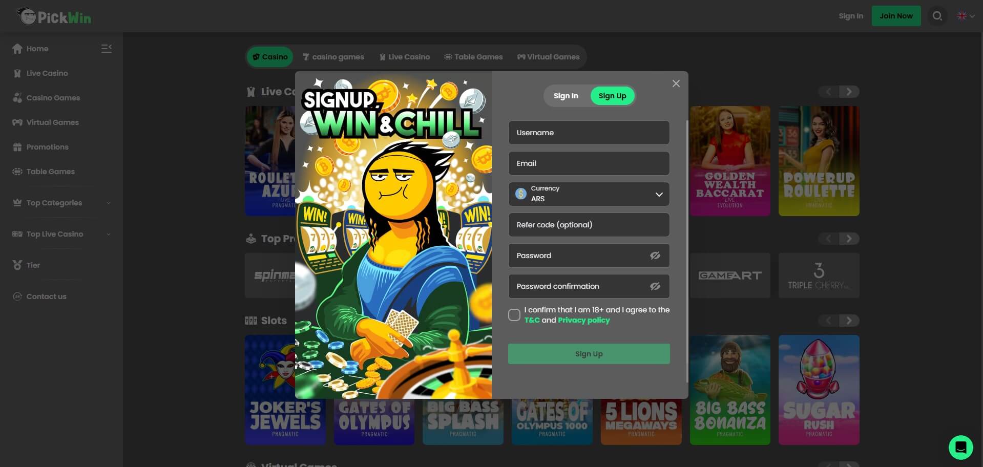Pickwin Casino Sign Up