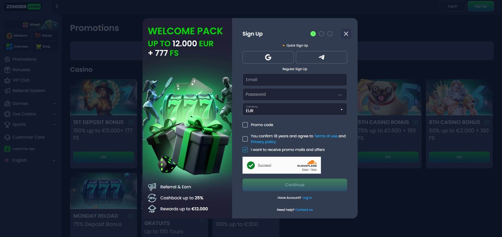 Zondercruks Casino Sign Up