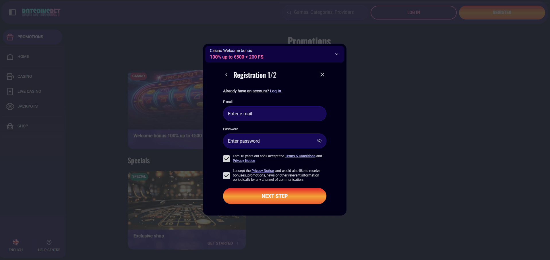 BotSpinsBet Casino Sign Up