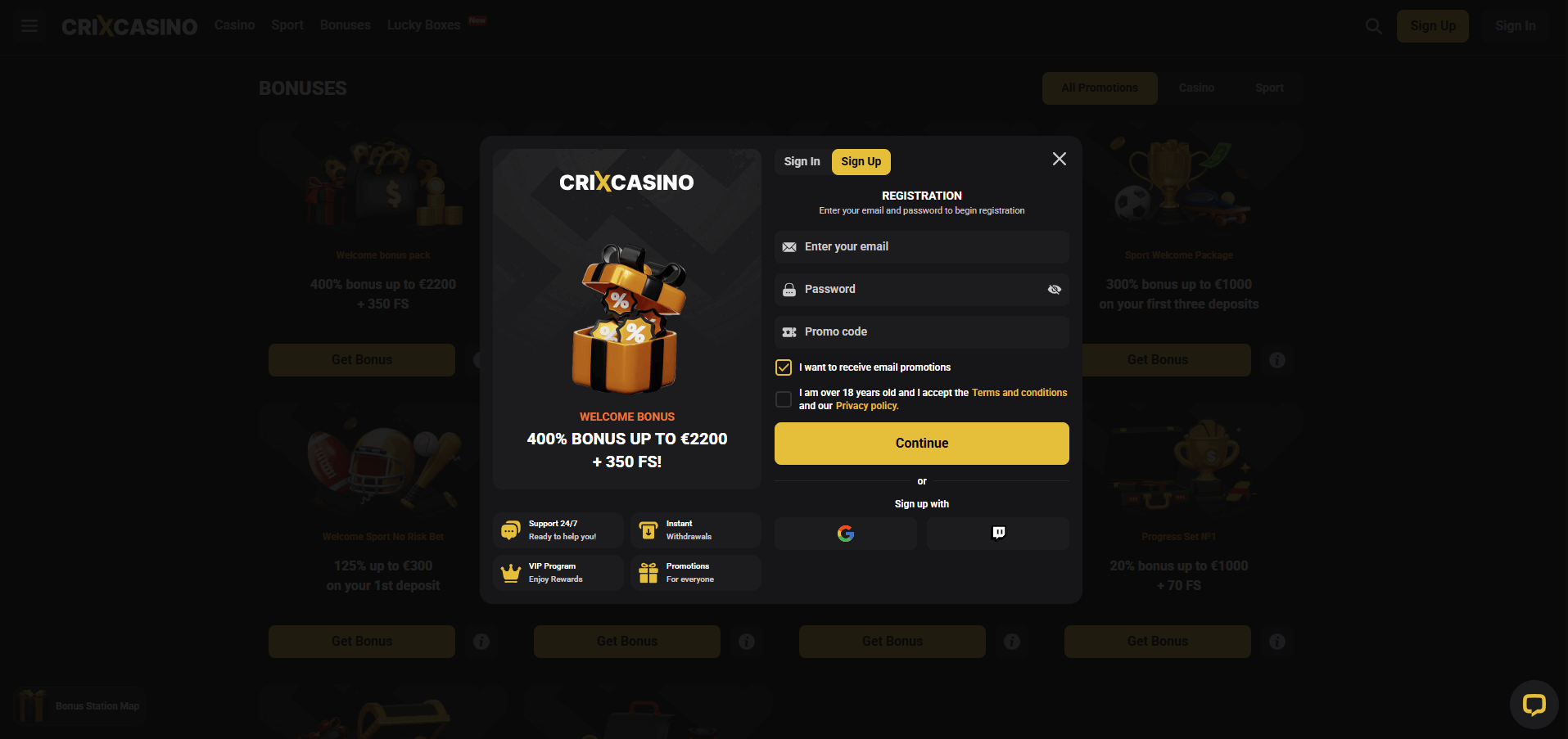CrixCasino Sign Up