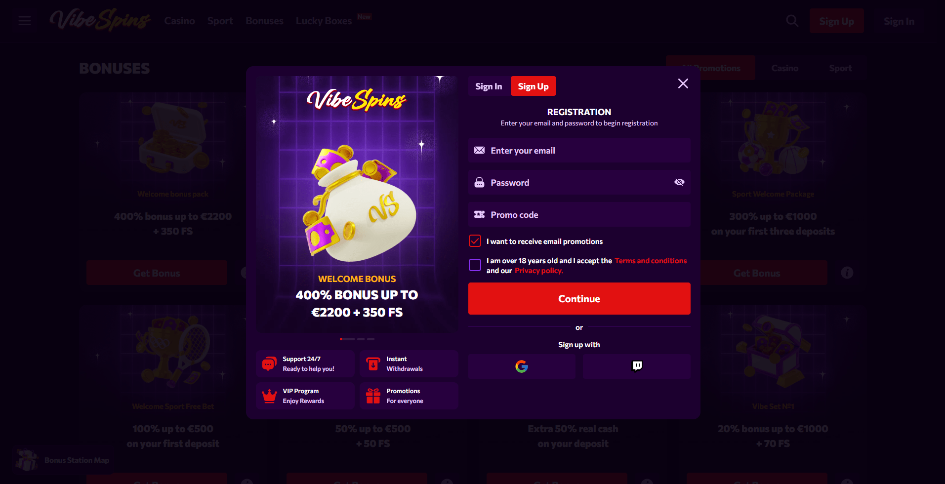 VibeSpins Casino Sign Up
