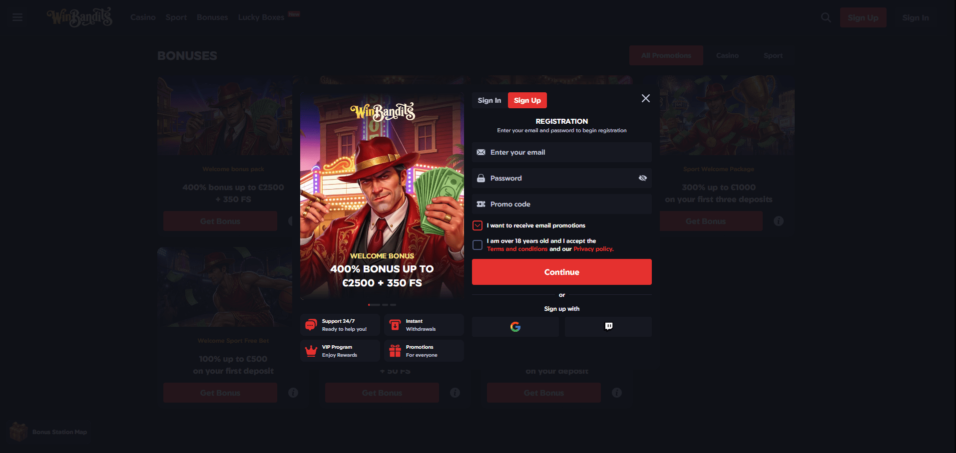 WinBandits Casino Sign up